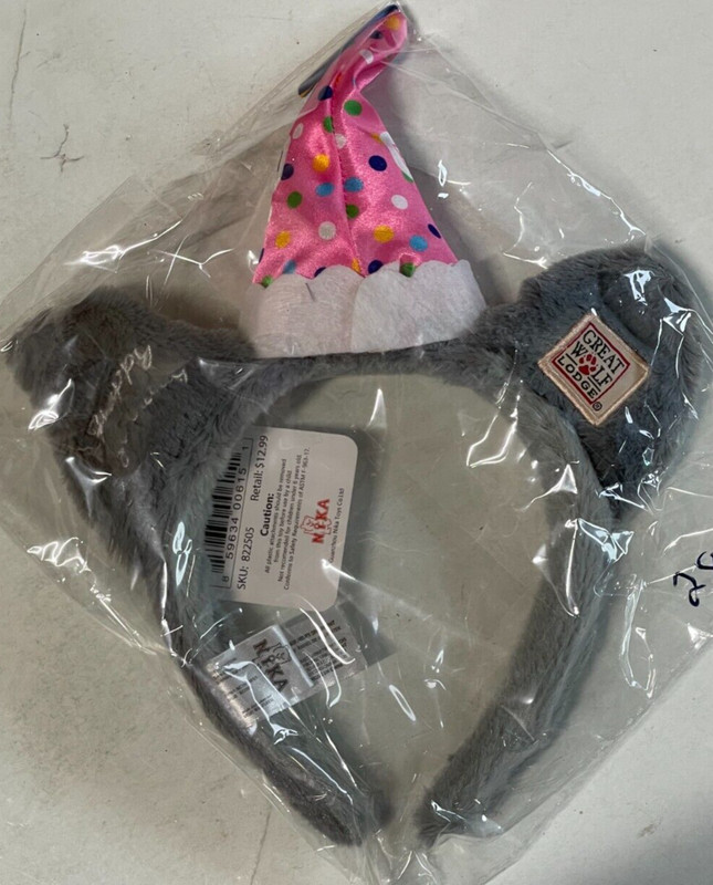 NEW Great Wolf Lodge PINK Headband Birthday Party Hat Plush Gray Fur Ears gallery