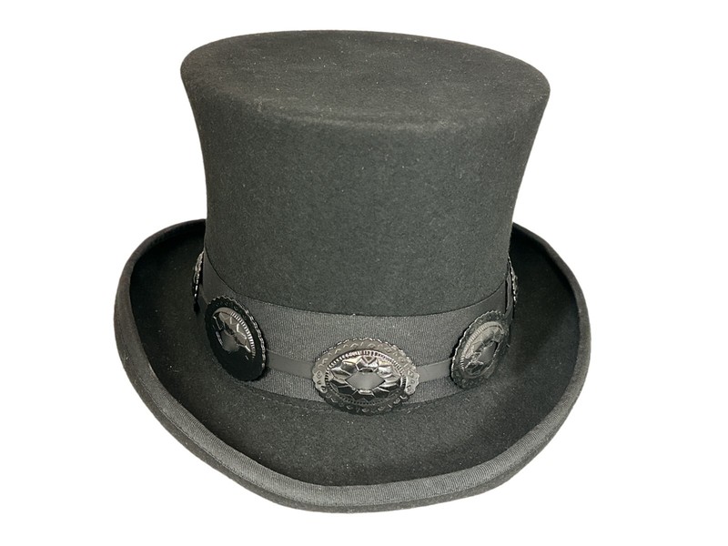 Black 100% Wool Felt Top Hat Black Concho Band Victorian Slash Mad Hatter gallery