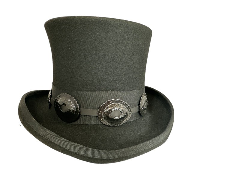 Black 100% Wool Felt Top Hat Black Concho Band Victorian Slash Mad Hatter gallery