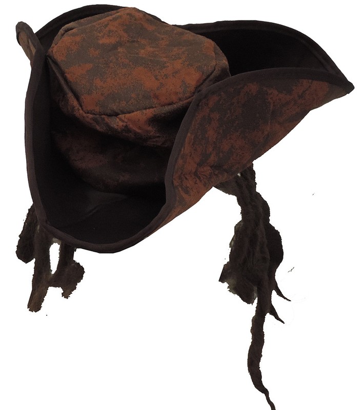 Adult Distressed Brown Carribean Pirate Costume TriCorn Hat w/ Beaded Dreadlocks gallery