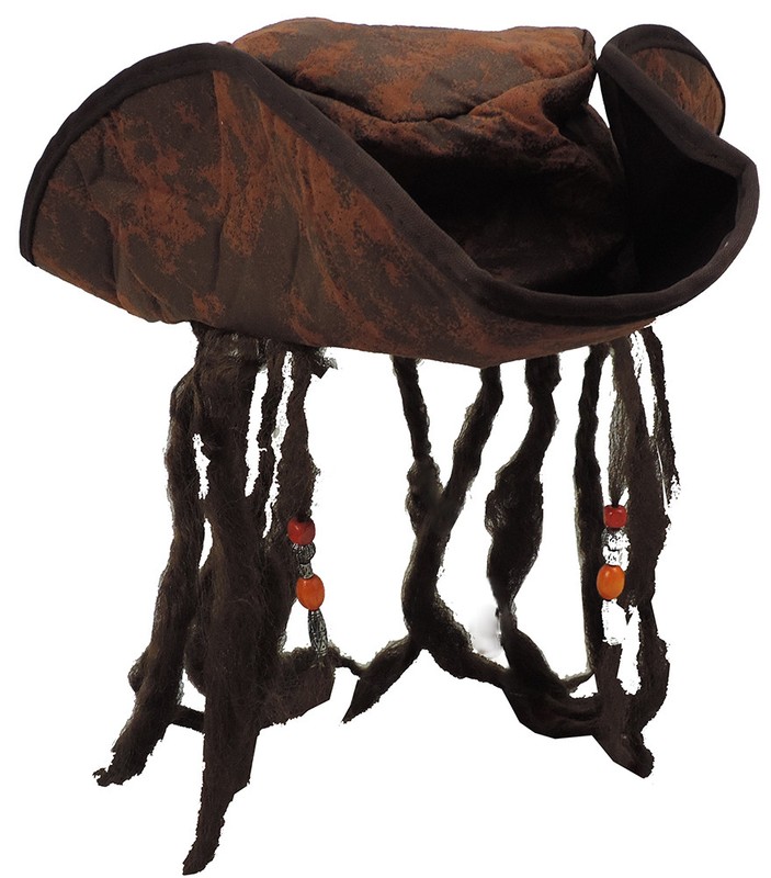 Adult Distressed Brown Carribean Pirate Costume TriCorn Hat w/ Beaded Dreadlocks gallery